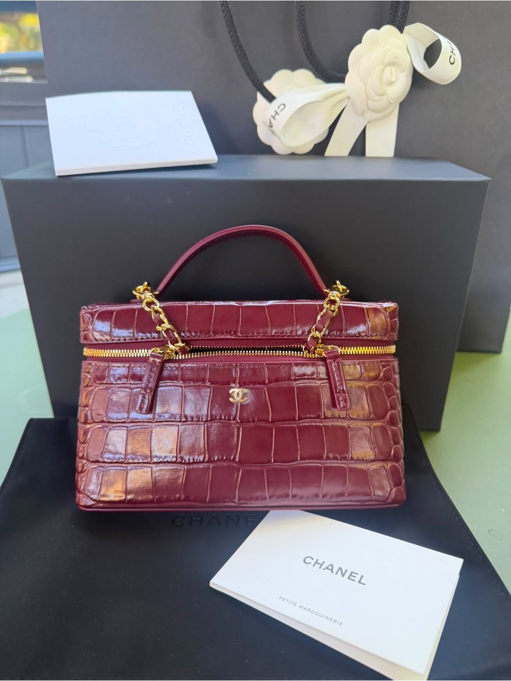 CHANEL Burgundy Croc-Embossed Mini Top-Handle Bag with Gold Hardware